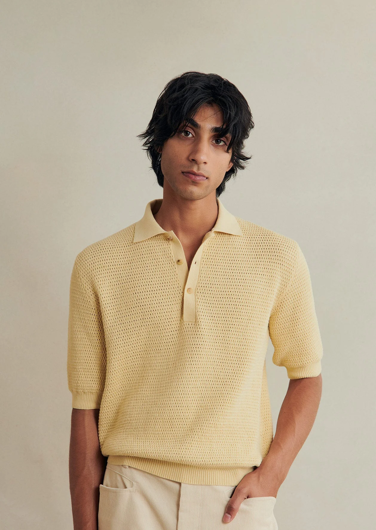 De Bonne Facture Cotton Honeycomb Knitted Polo Shirt: Butter Yellow - Image 4