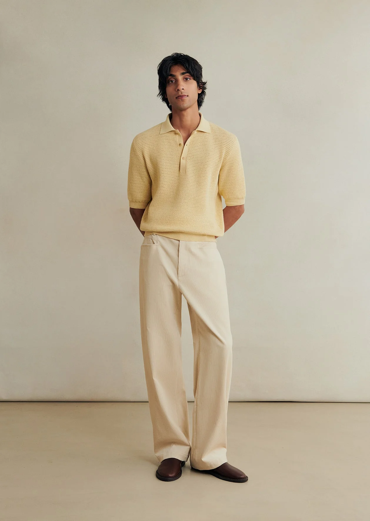 De Bonne Facture Cotton Honeycomb Knitted Polo Shirt: Butter Yellow - Image 5