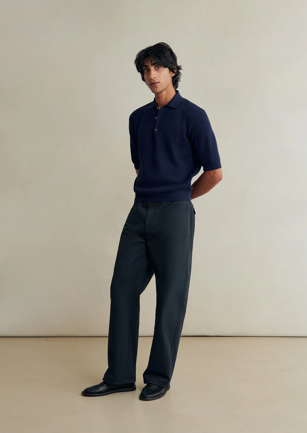 De Bonne Facture Cotton Honeycomb Knitted Polo Shirt: Navy - Image 5