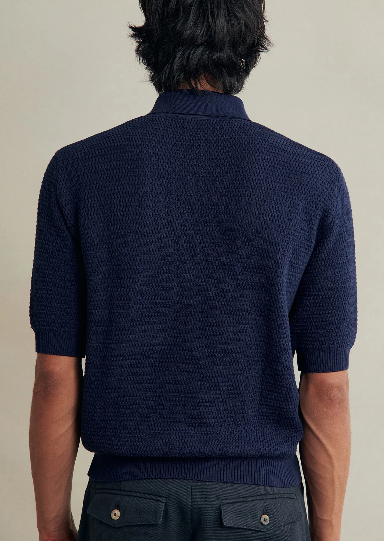 De Bonne Facture Cotton Honeycomb Knitted Polo Shirt: Navy - Image 6