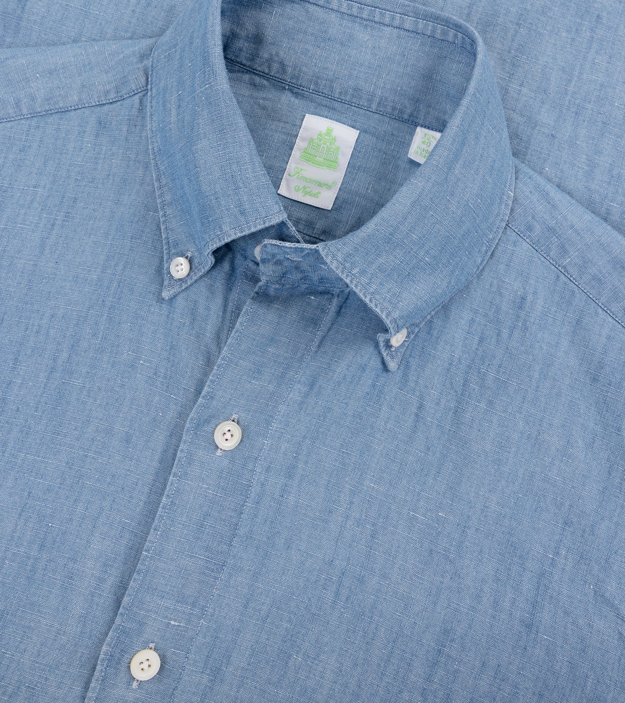 Finamore Gaeta Cotton Linen Denim Button Down Sport Shirt: Light Blue - Image 2