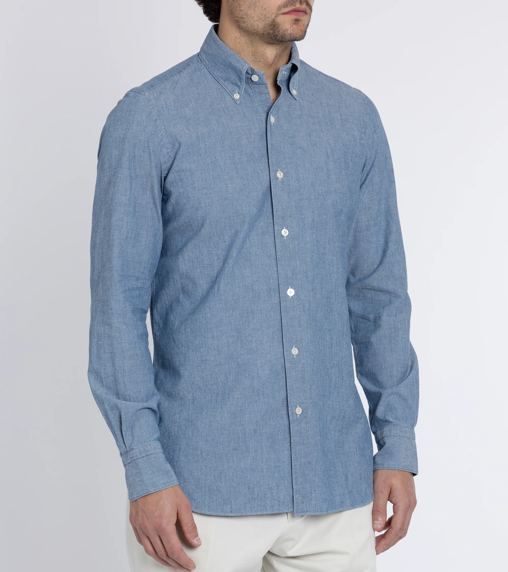 Finamore Gaeta Classic Cotton Leonardo Button Down Sport Shirt: Chambray - Image 8