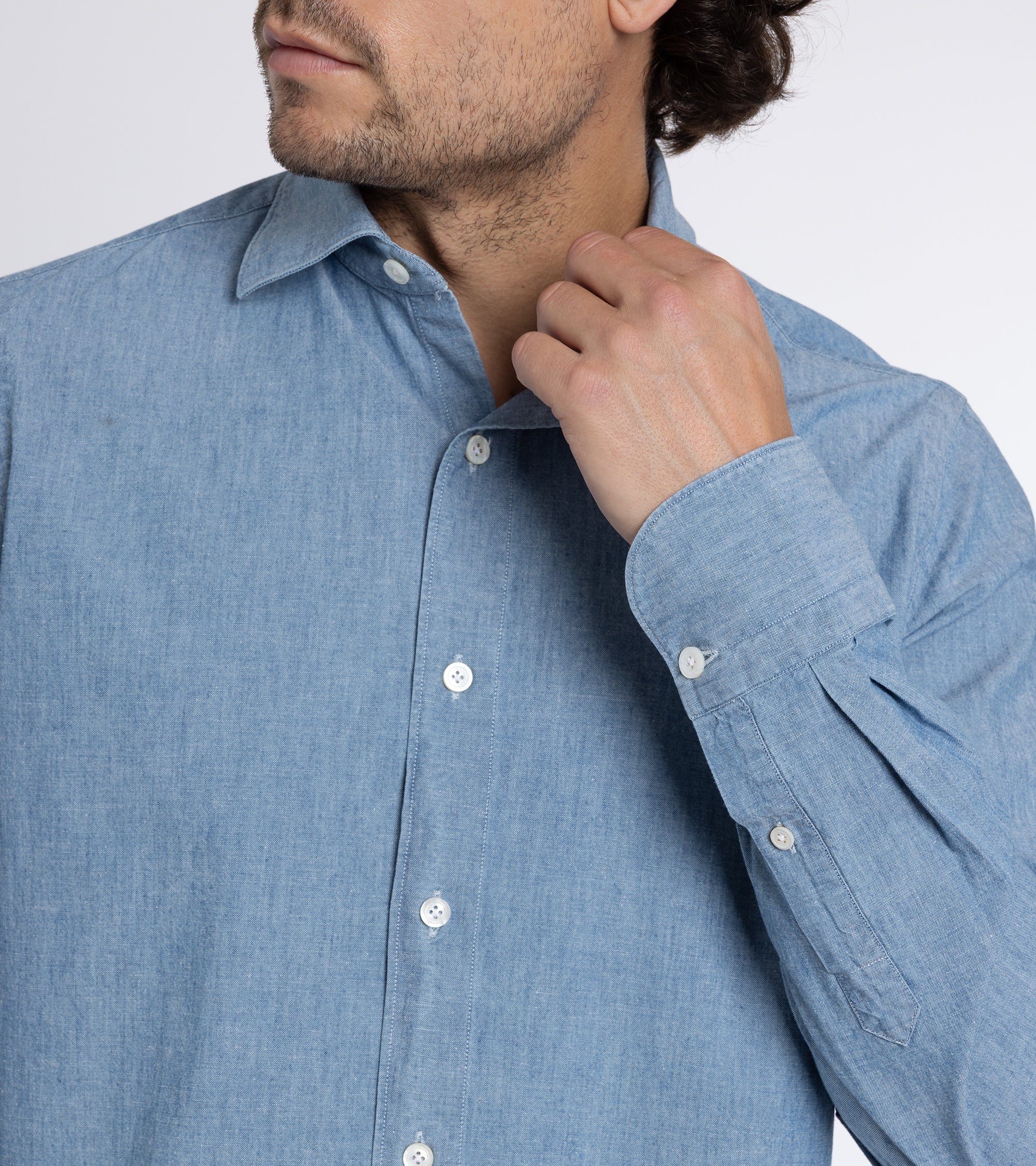 Finamore Gaeta Classic Cotton Luigi Sport Shirt: Chambray - Image 5