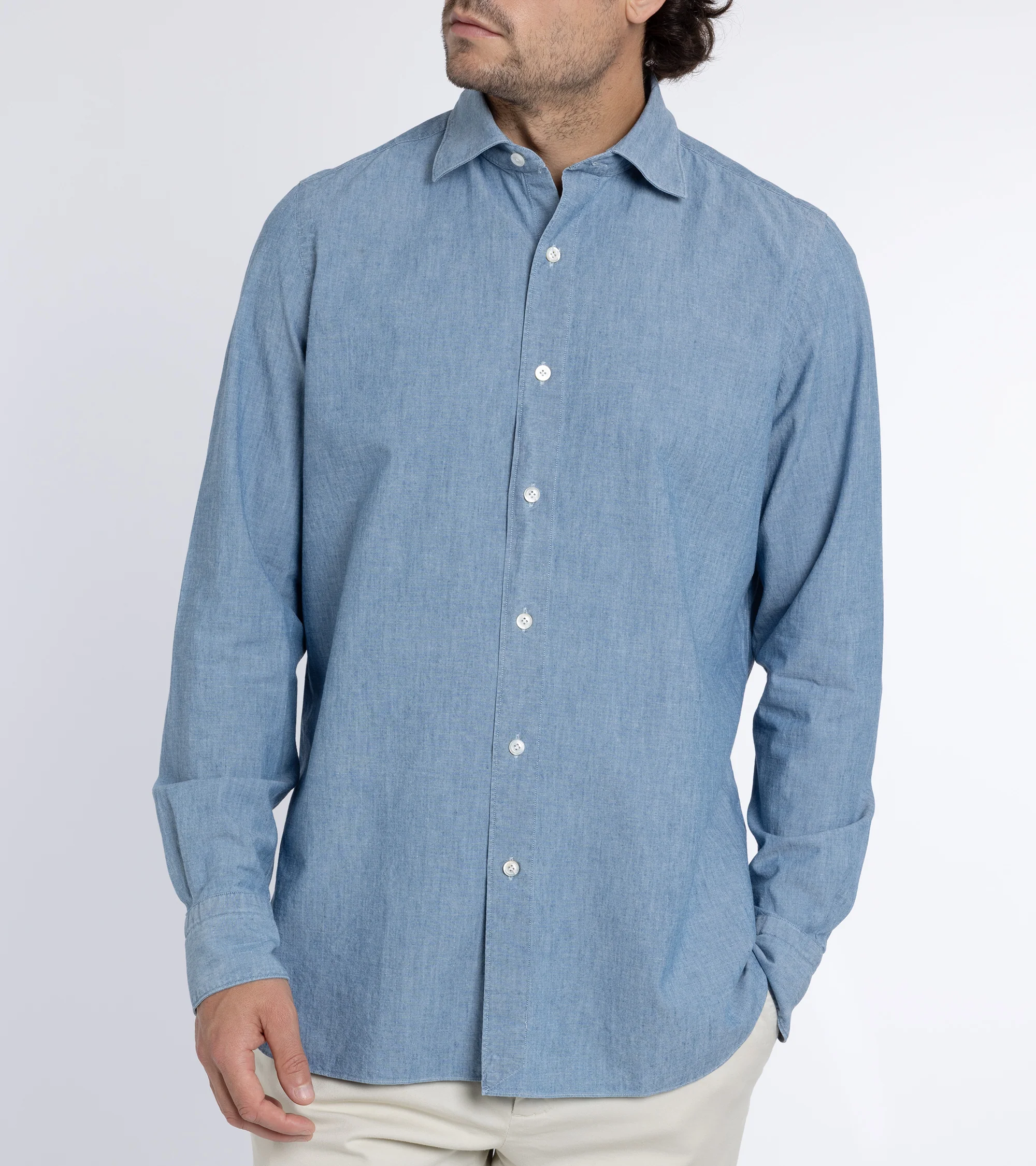 Finamore Gaeta Classic Cotton Luigi Sport Shirt: Chambray - Image 8