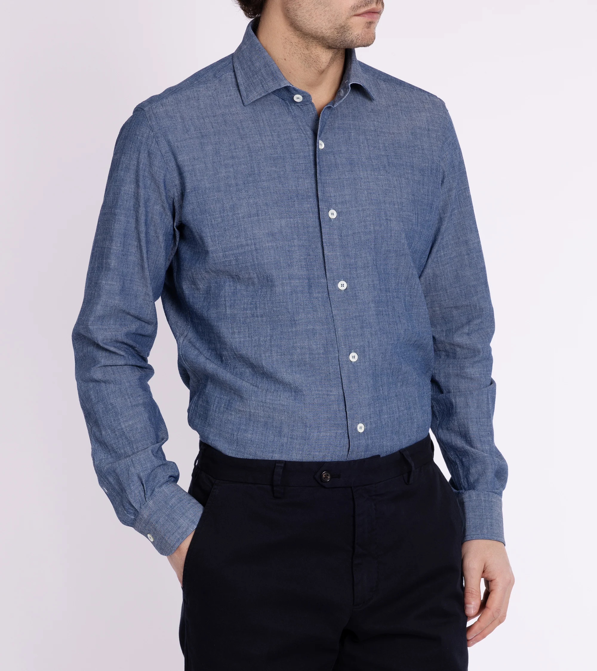 MCR Slim Japanese Chambray Shirt: Dark Blue - Image 2