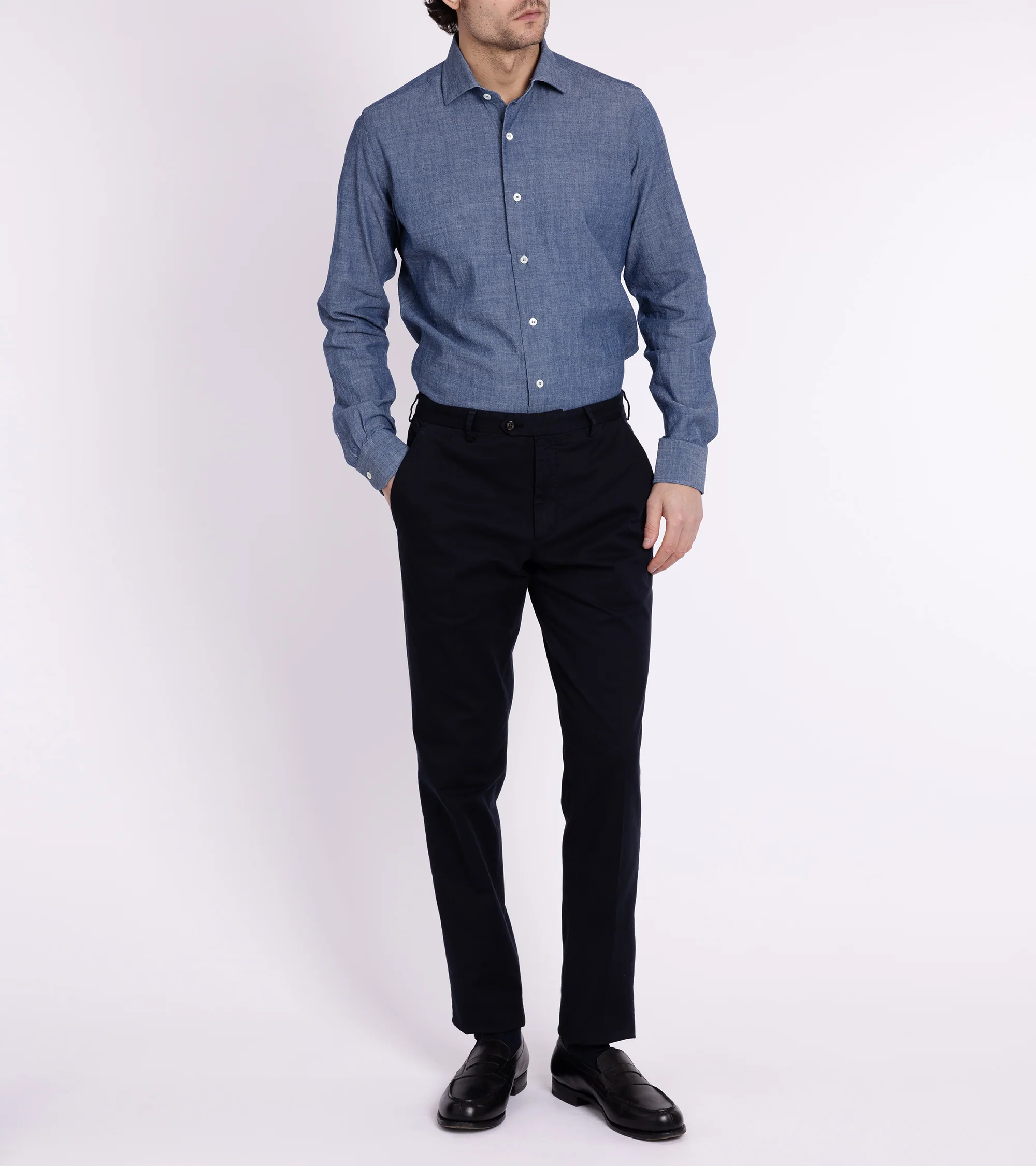 MCR Slim Japanese Chambray Shirt: Dark Blue - Image 7