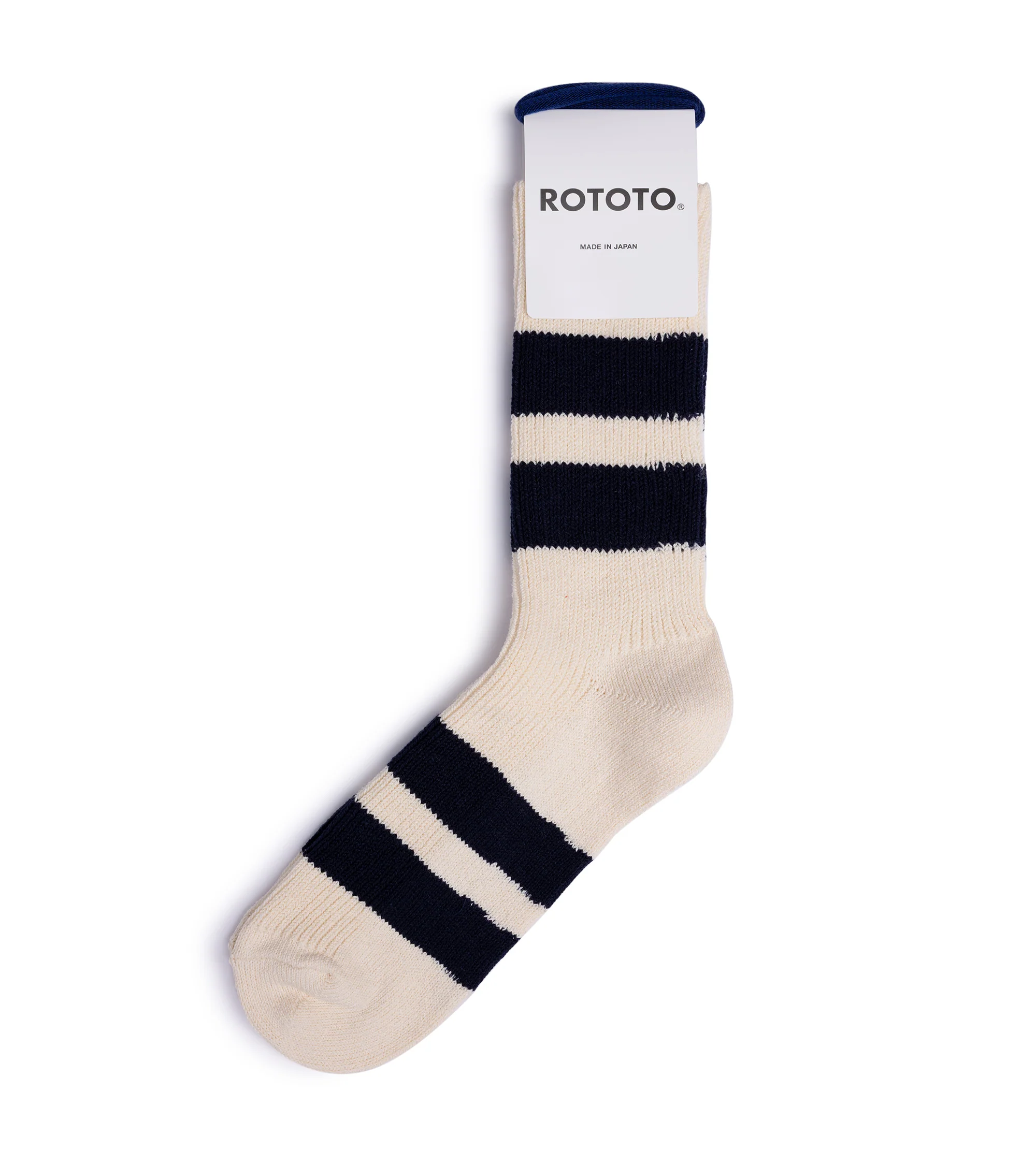 RoToTo Recycled Cotton Stripe Crew Socks: Ecru/Navy - Image 3