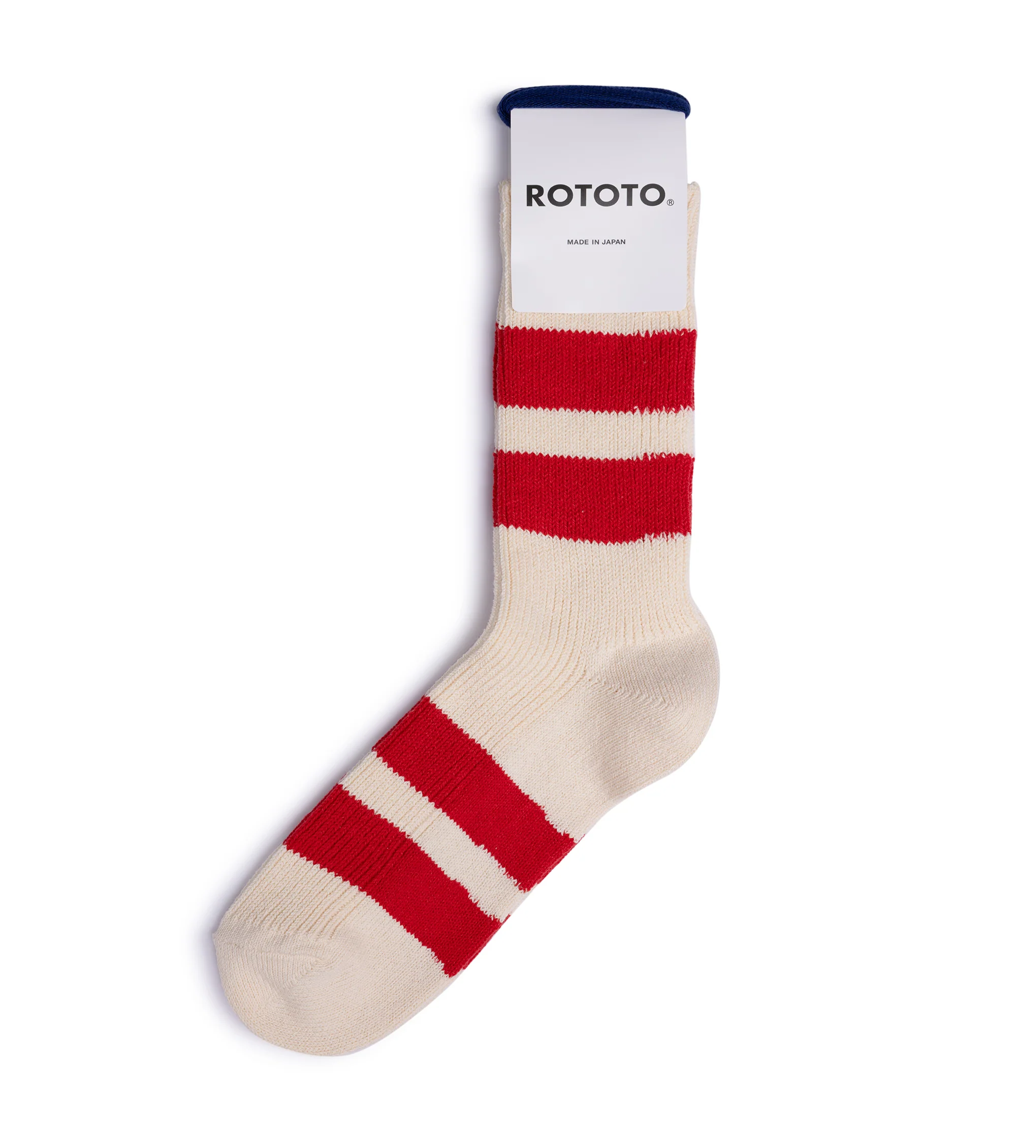 RoToTo Recycled Cotton Stripe Crew Socks: Ecru/Red - Image 3