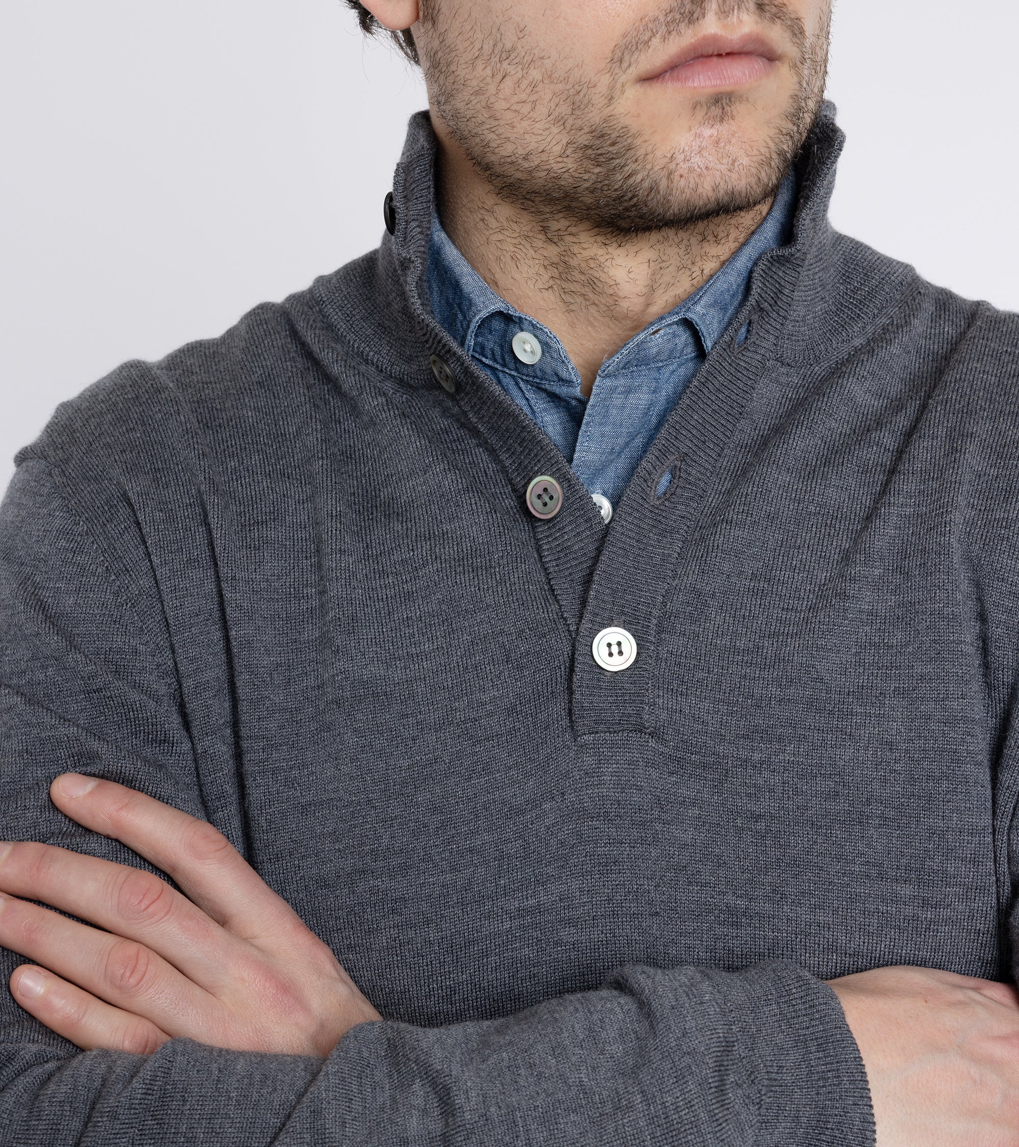 Trunk Bennet Merino Button Neck Sweater: Grey - Image 6