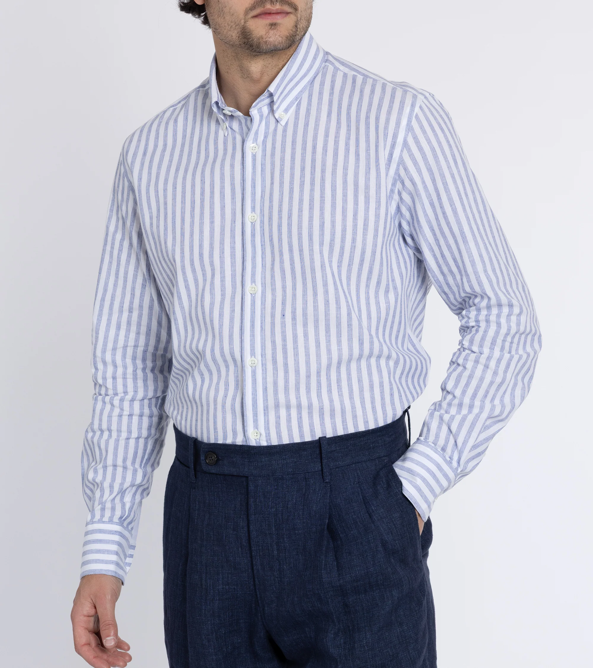 Trunk Eldon Cotton Linen Stripe Shirt: Dark Blue - Image 6